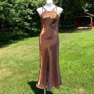Faviana vintage curvy copper dress with strappy back and black liner size 5/6